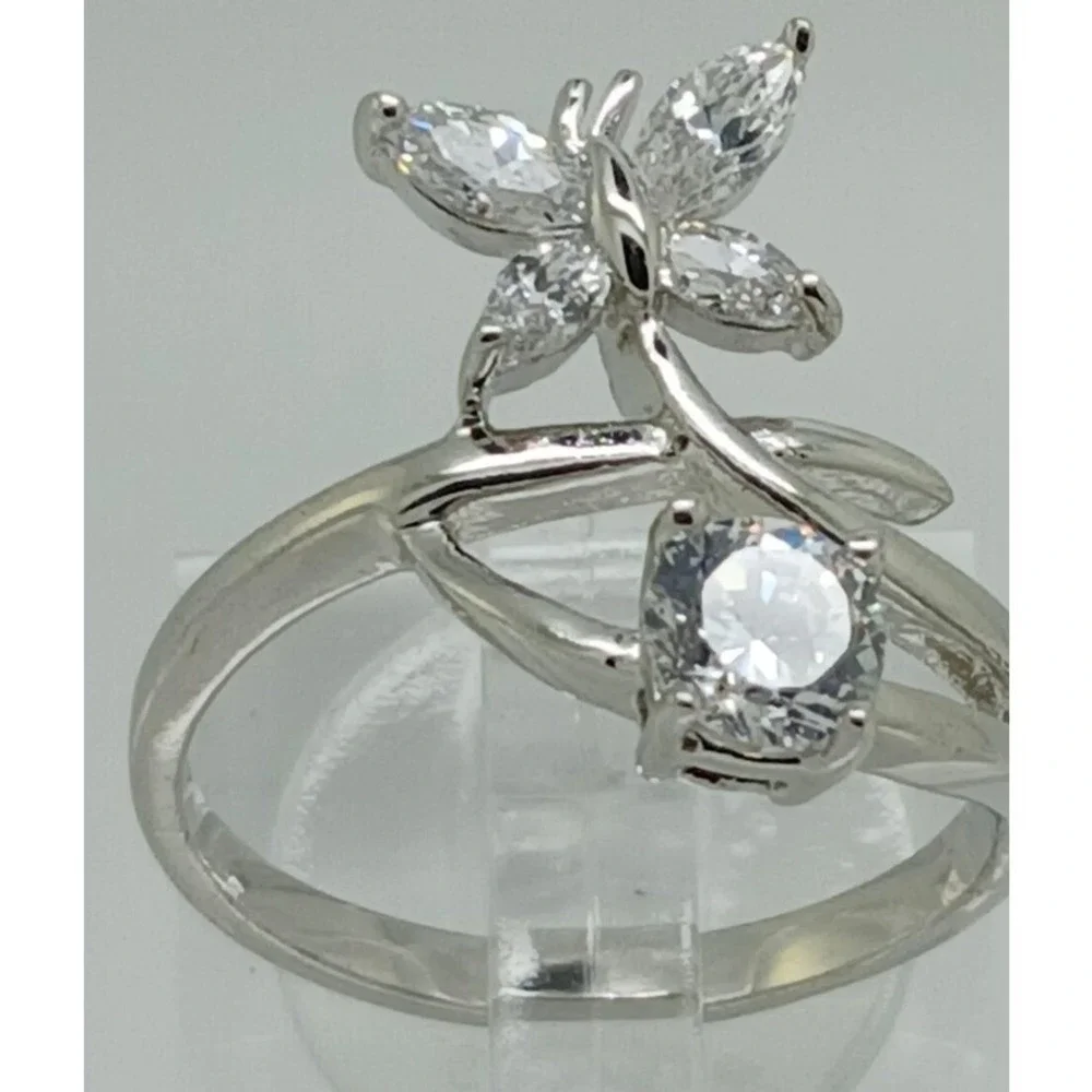 Vintage 1990s‎ Butterfly Bypass Ring Silver Tone Marquise Round Stones Size 7.5